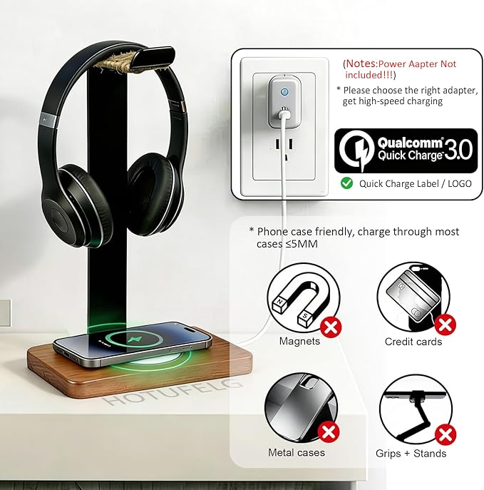 Handmade Wood Headset Stand with 15W Wireless Charging Pad- QI Wireless Charging Dock Compatible with iPhone 17/16/15/14 /Samsung Series,2-in-1 Universal Holder for All Table Headphones