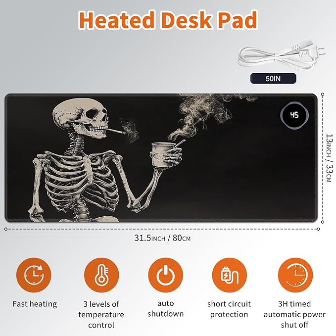 Heated Mouse Pad,Warm Desk Pad with 3 Levels Heating & 3 Hours Auto Shut-Off, PU Leather Heated Desk Pad Warmer Pad for Home Office - 31.5 x 13 inch,Skeleton Drinking Coffee