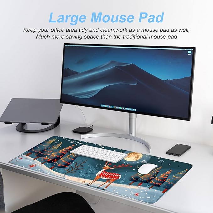 Christmas Reindeer Mouse Pad– Large Extended Desk Mat with Holiday Winter Snow Scene, Non-Slip Base Keyboard Pad for Home Office, Gaming, Workstation,31.5 x 11.8 in