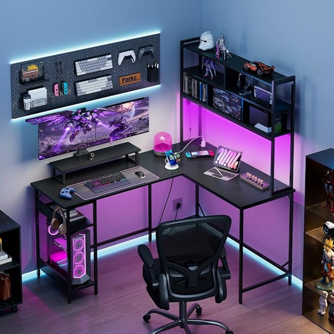 DEVAISE 60 Inch L Shaped Gaming Desk with Drawers and Storage, Corner Desk with LED Lights, Power Outlets, Computer Desk with Monitor Stand, Office Desk for Home, with Hutch, Black