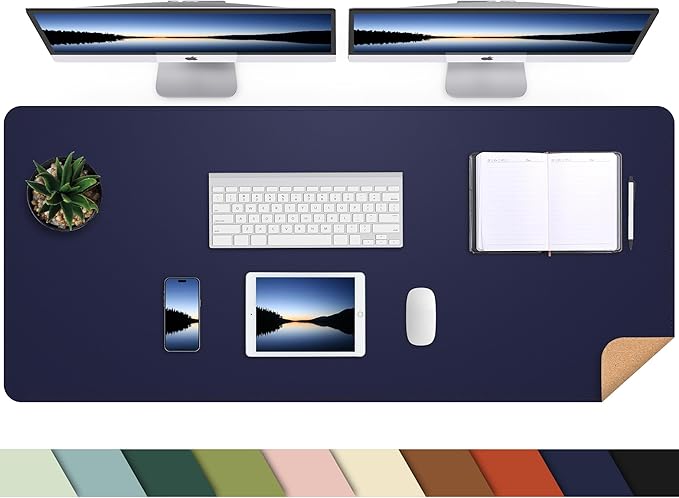 AFIING Cork Desk Mat 47" x 17", Dual-Sided Natural Cork & PU Leather Desk Pad, Non-Slip Waterproof Large Mouse Pad for Office, Home & Gaming (Blue)