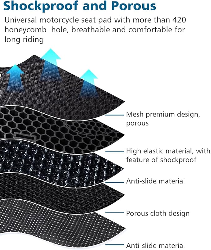 SUNPIE Motorcycle Gel Seat Pad Universal Motor Bike Seat Cover with Sun Protection Covers 3D Honeycomb Breathable Comfortable UV Resistance for Seat Height Adjustment &Vibration Reduction
