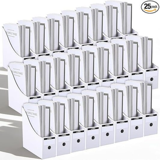25-Pack White Cardboard Magazine File Holders, 10.2" L x 3.5" W x 10.6" H Large-Capacity Document Organizer Boxes, Foldable Book Bins for Shelves, Office or Home Use with 25 Bonus Labels