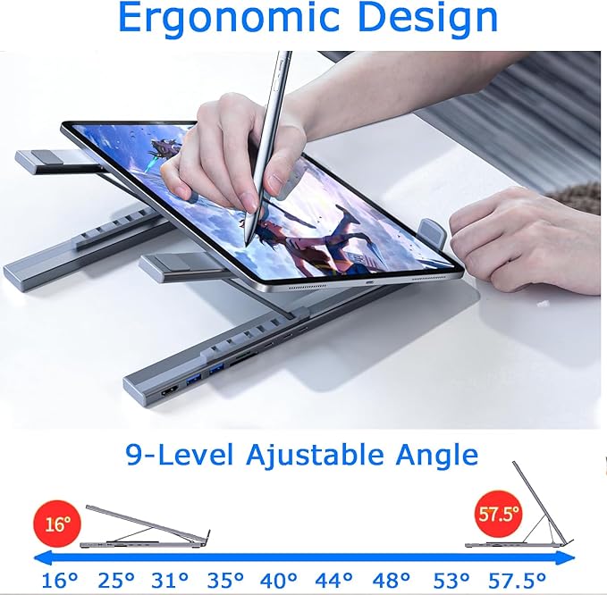 Laptop iPad USB C Docking Station Stand,Aluminum Tablet Holder, 8 in 1 USB C Hub with 4K HDMI, PD 100W, 2 USB 3.0, SD/TF Reader, for MacBook/iPad/Dell/HP/Surface/Lenovo, Plug and Play