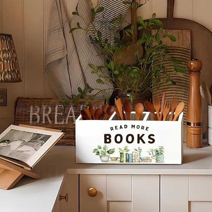 Book Lovers Gifts Pen Holder, Book Reader Gifts Pencil Holder for Desk, Read More Books Wooden Box Sign Decorations for Reading Room Corner Nook Classroom Desk Tabletop