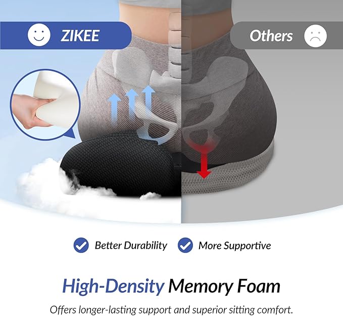 ZIKEE Ergonomic Seat Cushion with Thigh Relief Slope, High-Density Memory Foam Office Chair Cushions with U-Shaped Back for Tailbone, Sciatica Pain Relief, Suitable for Car Seat, Airplane, Bleacher