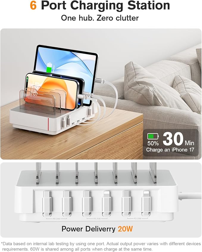 SooPii HomeHub H1 Charging Station for multiple devices,Upgraded 6-Port Desktop Fast Charger with 6 Retractable Cables（4*C+2*iP）,60W PD charger station for iPhone/Tablet,Tangle-Free Charging Organizer