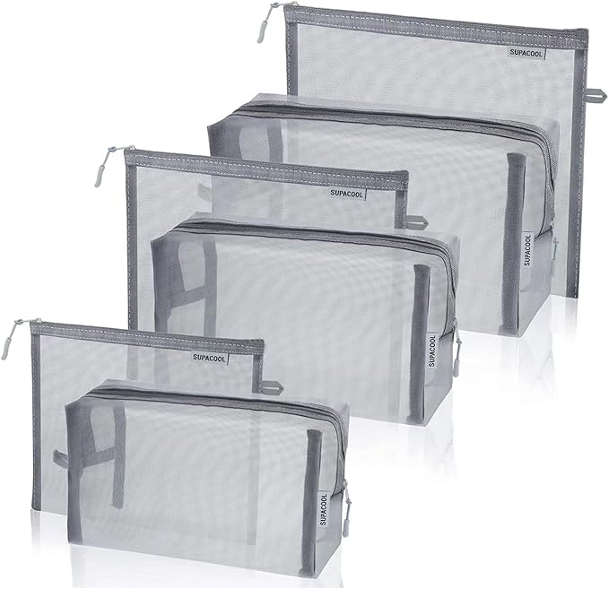 SUPACOOL Set of 6 Travel Mesh Makeup Bag, Cosmetic Organizer Pouches with Zipper, Diaper Organizing Pouches, Nylon Toiletries Bag for Women and Men(6pcs, Gray)