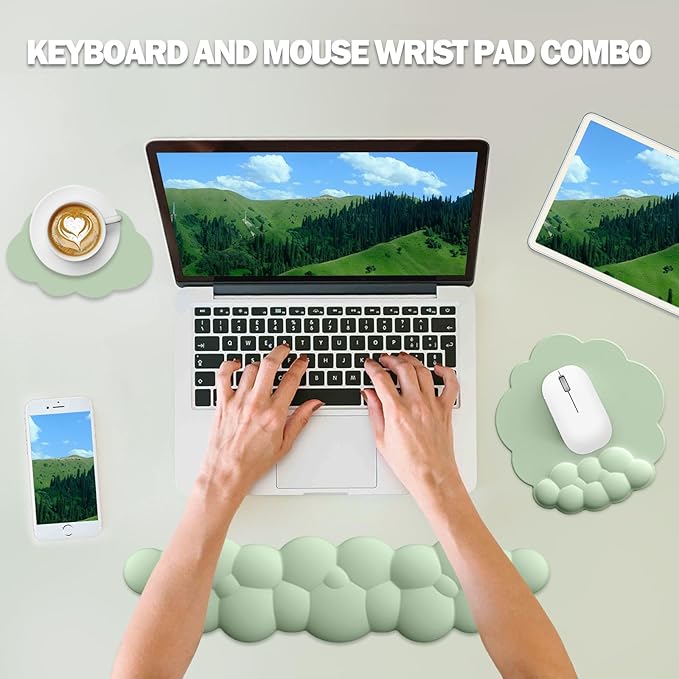 Cloud Keyboard Wrist Rest and Mouse Pad with Wrist Support Set, Ergonomic PU Leather Mouse Pads, Memory Foam Non-Slip Mousepad for Computer,Laptop, Green Cloud