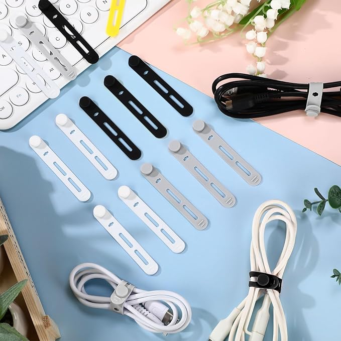 Tellegloww 42 Pcs Silicone Cable Ties Reusable Cord Organizer Adjustable Data Cable Wraps for Earphone Phone Charger Computer Cord Management Straps Travel Essentials(Black, White, Gray,3.15 Inch)