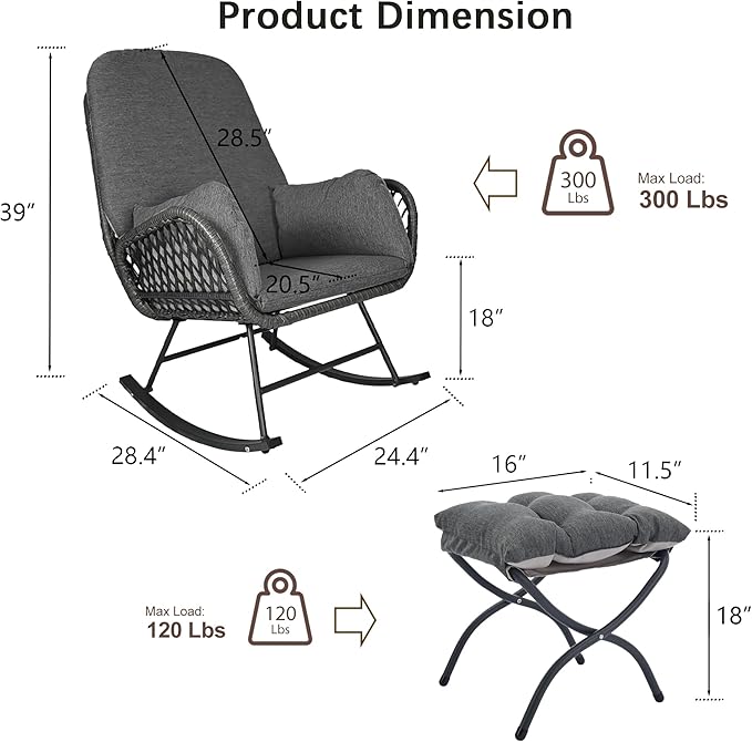 Outdoor Rocking Chairs with Ottoman Set of 2, Patio Glider Rocking Chair with Cushion, Comfy Rattan Lounge Chairs for Bedroom, Living Room, Dark Gray