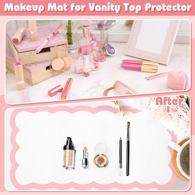 Teenyyou Makeup Mat for Vanity Protect Scalloped Makeup Mat 31.5 x 15.8'' Vanity Cover Top 2026 Graduation Gifts Dual-sided Dressing Table Pad Waterproof Mouse Pads for Dormitory Desktop(Pink Edge)
