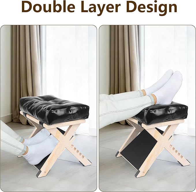 Adjustable Double Step Under Desk Footrest with 5 Height Options, Ergonomic Foot Rest Stool with Black Cushion for Office Home, Ottoman for Work and Computer Gaming Comfort.
