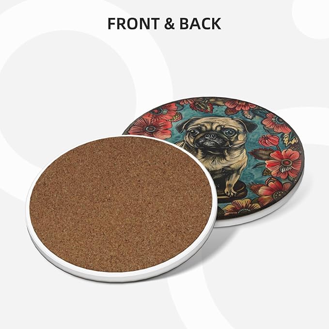 Pug Ceramic Drink Coasters Absorbent Set of 4 with Cork Bottom Bar Table Cupholder Coasters for Dog Mom Dad Lover Bedroom Patio Dining Glass Wooden Coffee Table Kitchen Office Desk