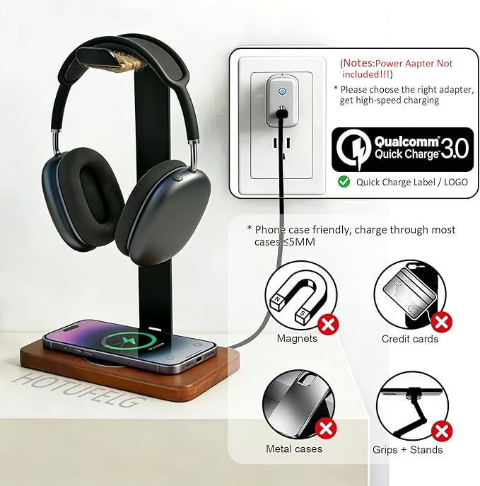Handmade Solid Wood 2-in-1 Headset Stand with Wireless Charger 15W Max, Wireless Charging Dock Compatible with iPhone 17/16/15/14 /Samsung Series,Universal Holder for All Desk Headphones