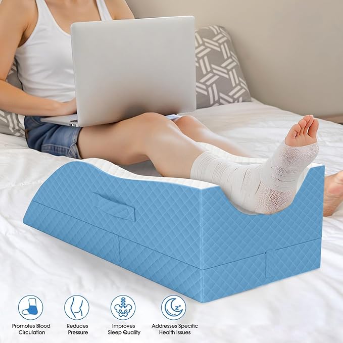 TranquilRelax Elevation Pillows for Leg After Surgery, Memory Foam Adjustable Wedge Pillow for Injury or Rest, Ankle Pillow for Sleeping Blood Circulation, Light Blue/Double Leg