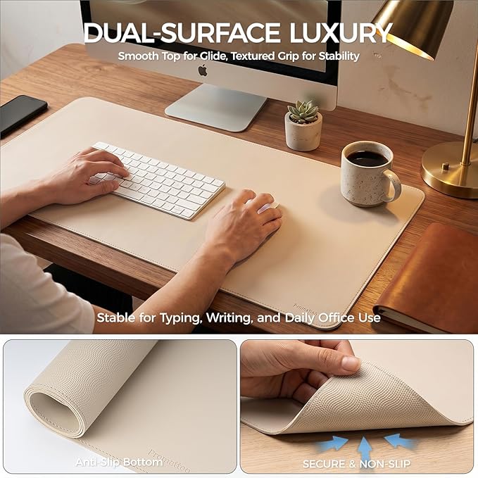 Large Desk Pad Non-Slip Desk Mat Protector for Keyboard Mouse Waterproof Vegan Leather Surface Faux Leather Laptop Mat Smooth Mouse Pad Premium Gift Tube Warm Beige 39" x 17"
