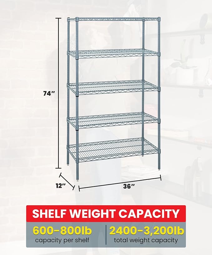 Quantum Storage Systems WR74-1236GY-5 Wire Shelving 5 Shelf Starter Units, 12" x 36" x 74", Gray Epoxy
