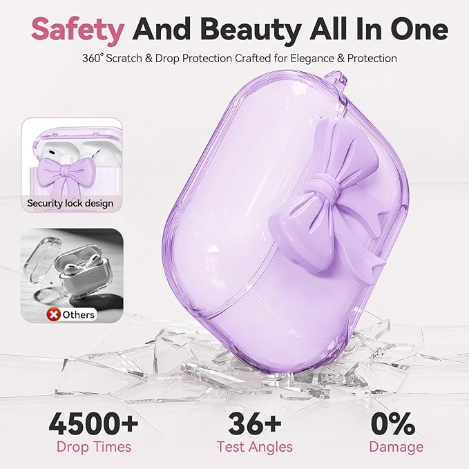 for Airpods Pro 3 Case Pink 2025 with Safety Lock & Phone Stand, Bow Clear iPod Pro 3 Cases with Cute Keychain & Cleaning Kit, Soft TPU Cover for AirPods Pro 3rd Generation Case Girls Women (Purple)