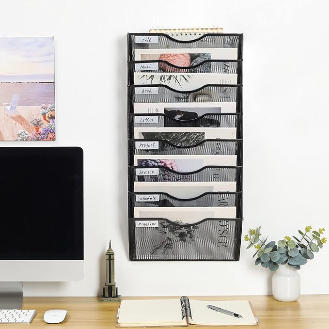 PAG Hanging Wall File Holder Organizer Mail Sorter Literature Rack for Office, 8 Pockets, Black