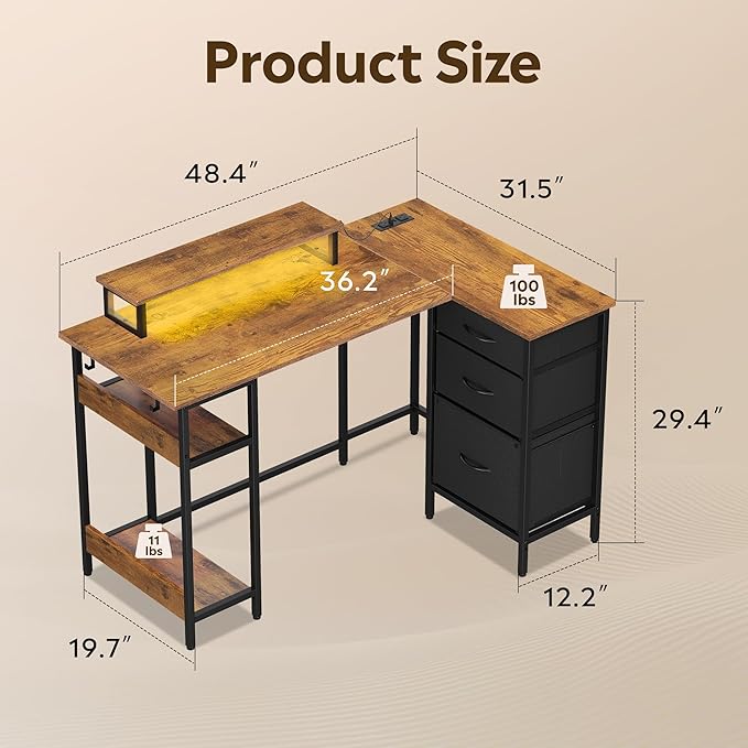 DEVAISE 48 Inch L Shaped Gaming Desk with Drawers and Storage, Corner Desk with LED Lights, Power Outlets, Computer Desk with Monitor Stand, Office Desk for Home, Rustic Brown