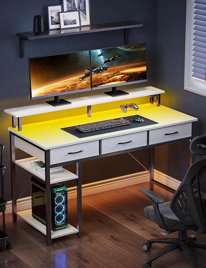 Rolanstar Computer Desk with Power Outlets & LED Light, 47 inch Home Office Desk with Drawers and Storage Shelves, Writing Desk with Monitor Stand, Modern Work Study Desk for Home Office, White