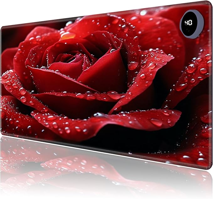 Heated Mouse Pad,Warm Desk Pad with 3 Levels Heating & 3 Hours Auto Shut-Off, PU Leather Heated Desk Pad Warmer Pad for Home Office - 31.5 x 13 inch,Red Rose