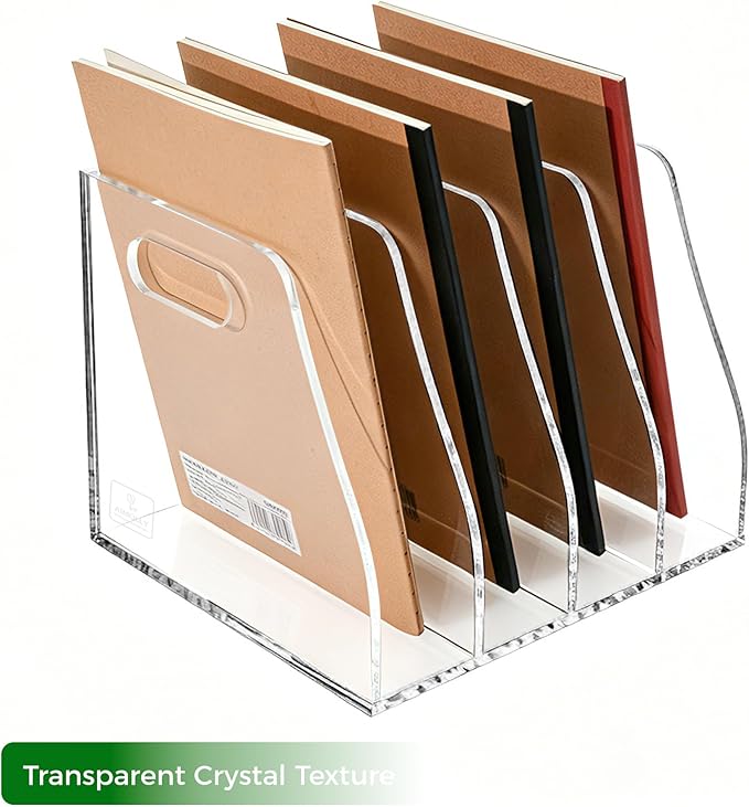 Acrylic File Folder Holder for Desk with Handles, 4-Slot Clear Desk Organizers and Accessories, Vertical Magazine File Sorter & Binder Holder, Desktop Book Organizer for Office, School & Home