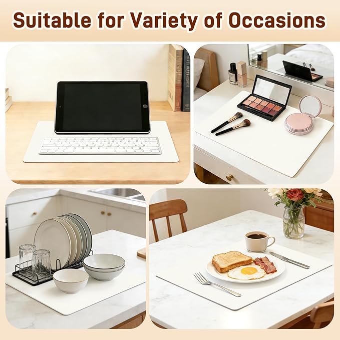 Cuttable PU Leather Nightstand Mat - 15.7x11.8in, Waterproof, Heat Resistant & Non-Slip Night Stand Accessories, Bedside Table Mat, Dresser Protector Top, End Table Cover, Small Desk Mat, Cream White