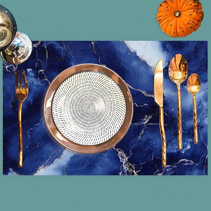 Placemats Set of 4 Heat-Resistant Rectangle Place Mats Blue Marble Washable Plastic PVC Dining Table Mat Non-Slip Wipeable Woven Vinyl Placemat for Kitchen Patio Table Decor