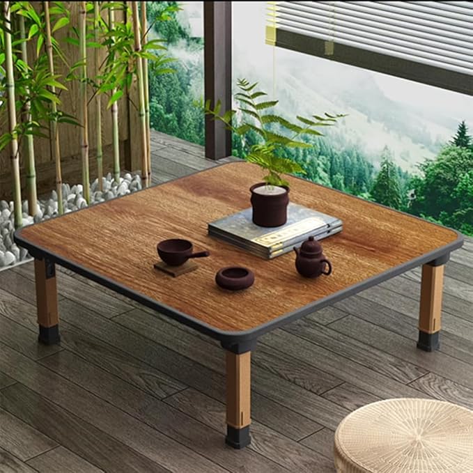 Japanese Wooden Folding Tea Coffee Tables, Square Floor Adjustable Low Table for Tatami Sitting On The Floor, Foldable Laptop Kotatsu Dining Table Meditation Bay Window Table (80 * 80cm)
