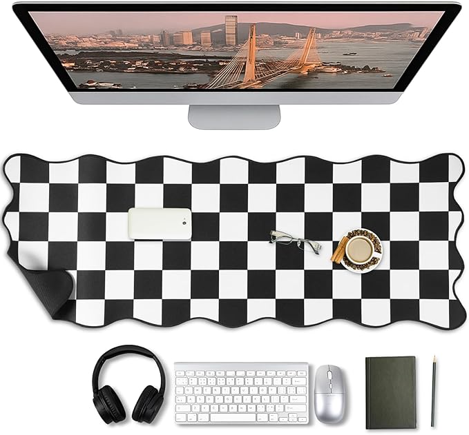 Copkim 1 Pcs Black Scalloped Checkered Desk Mat 31.5 x 11.8 Inch Large Cute Mouse Pad Computer Mat Non Slip Waterproof Rubber Base with Border Stitching Soft Keyboard Pad for Home Office Gaming Makeup