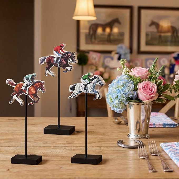 Smile Jockey Wooden Standing Decor Set, 3-Piece Multi-Color Horse Racing Tiered Tray Tabletop Signs with Stands for Horse Racing Party Decorations