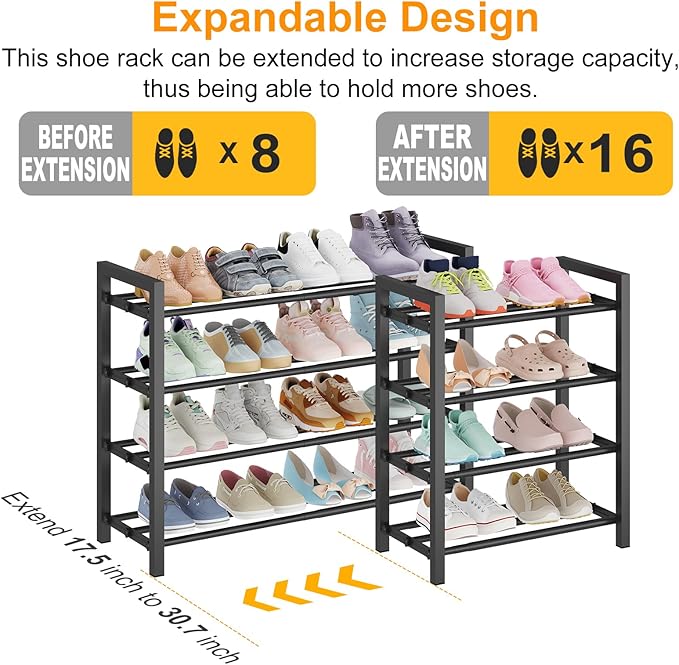 Detsuk 4-Tier Expandable Shoe Rack – Adjustable Metal Shoe Organizer for Closet, Entryway & Mudroom – Stackable, Heavy-Duty Storage, Black