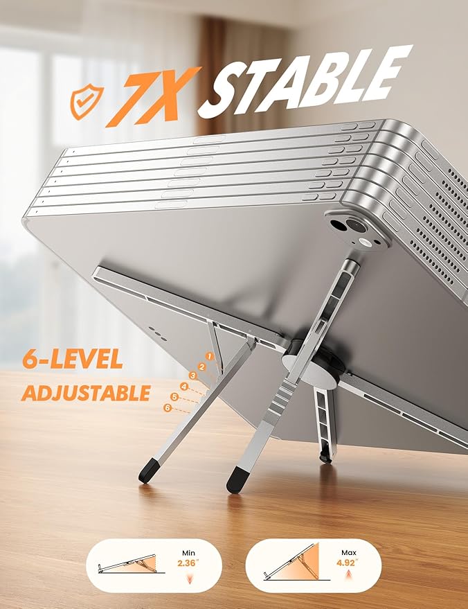 Lamicall Adjustable Laptop Stand for Desk - [0.25lb Ultralight] Foldable & Portable Laptop Riser, Aluminum Computer Stand for Travel Library Cafe fit MacBook Neo Air Pro HP Dell Lenovo Tablet - Silver