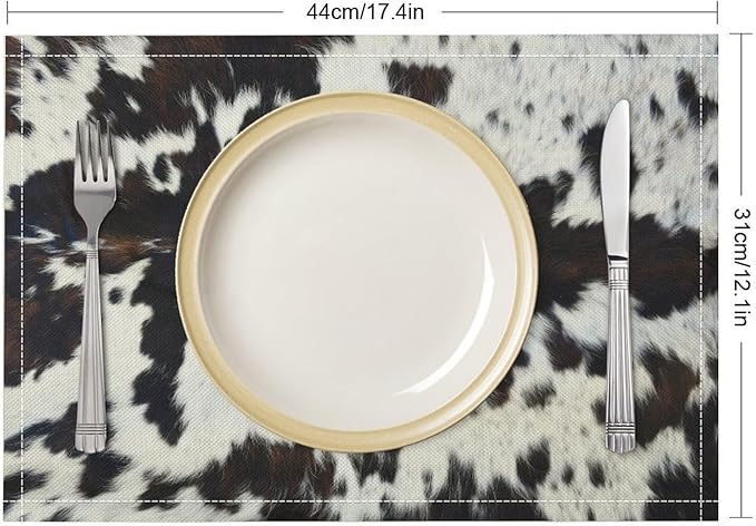 Cow Fur Placemats Farmhouse Western Farm Animal Skin Brow and White Cowhide Print Linen Washable Table Mats Stain Heat-Resistant Desktop Decor Place Mats for Home Kitchen Dining Party 12x18 in 6 Pcs