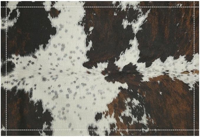 Cow Fur Placemats Farmhouse Western Farm Animal Skin Brow and White Cowhide Print Linen Washable Table Mats Stain Heat-Resistant Desktop Decor Place Mats for Home Kitchen Dining Party 12x18 in 6 Pcs