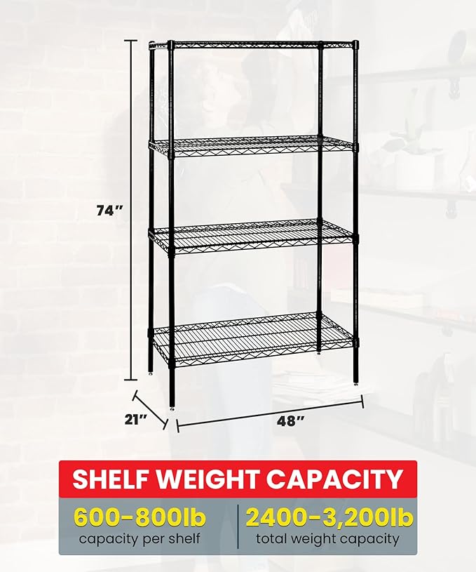 Quantum Storage Systems WR74-2148BK Wire Shelving Starter Kit, 48" W x 21" D x 74" H, 600 lbs Capacity, Carbon Steel, Epoxy Coated, Black, NSF