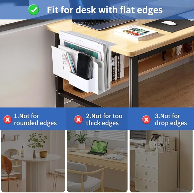LUKETURE Laptop Holder, Steel Desk Side Storage, No Drill Standing Desk Accessories, Laptop Mount with Pen Holder, Back to School Supplies, Fits Flat Edge Tables 0.3" to 2.8" (White, L(2 Tier))