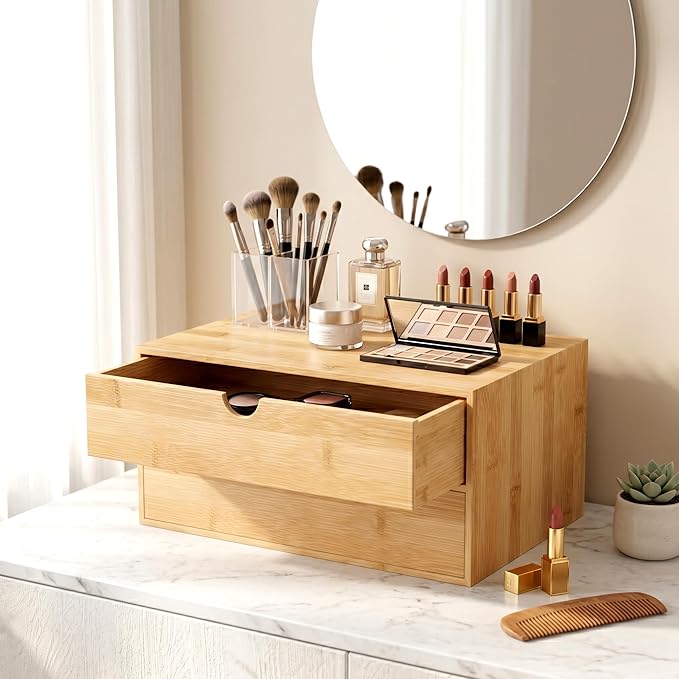 Desk Organizer with Drawers - Bamboo Desktop Organizer Storage | Wood Desk Drawers Organizer for Bills, Office Supplies, Cosmetics, Seals No Assembly Required (2 Drawer)