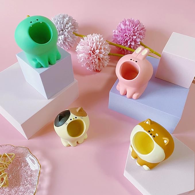 Cute Small Pen Pencil Holder, Kawaii Resin Cat Dog Dinosaur Rabbit Animal Paper Clip Toothbrush Mini Storage Organizer Office Desk Decorations