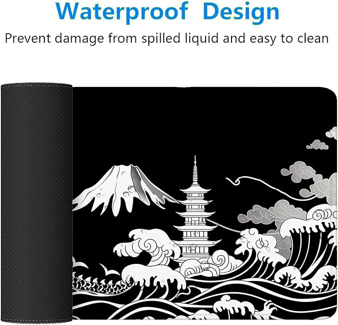 Dragon Desk Mat Gaming Mouse Pad Black White Japanese Sea Wave Extended Gaming Mouse Pad Mat with Stitched Edge Non-Slip Base Big Mouse Pad Office Computer Keyboard Laptop Home 31.5"x11.8"
