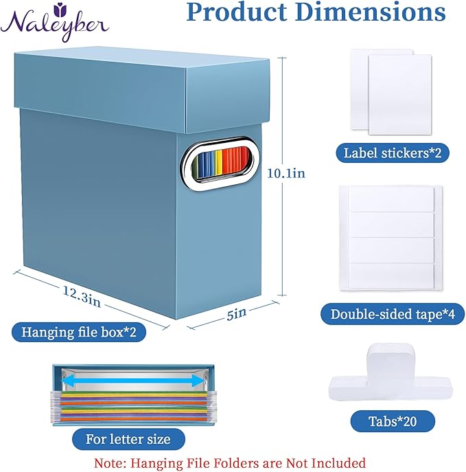 File Organizer Box with Lid & Handle, Thickened Cardboard Hanging File Folder Storage Boxes for Letter Size, Portable Filing Organizer for Office, Home, Classroom, Dusty Blue 2 Pack