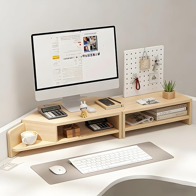 Corner Monitor Stand with Storage Space Triangle Riser Combo Desktop Corner Shelf with Cup Holder Pegboard Office Desk Accessories and Organizer for Office & Home,Natural,Double Layer