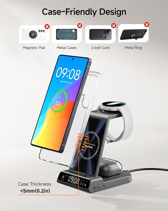 Wireless Charger for Samsung S26 Ultra/S26+, Wireless Charging Station for Galaxy S25 Ultra/S25+/S25/Z Flip7/Z Fold/S24/S23/S22, for Galaxy Watch 8/8 Classic/7/Ultra/6/5, Galaxy Buds4 Pro (No Adapter)