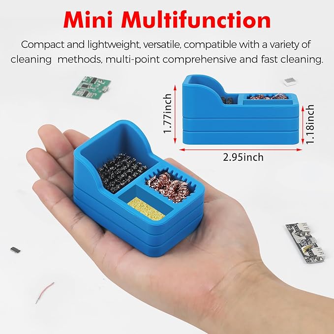 Soldering Iron Tip Cleaner Kit with Brass Wool, Sponge & Steel Brush in Blue Silicone Holder – Heat & Scratch Resistant Cleaning Tool for Soldering, Electronics Repair & DIY Projectst