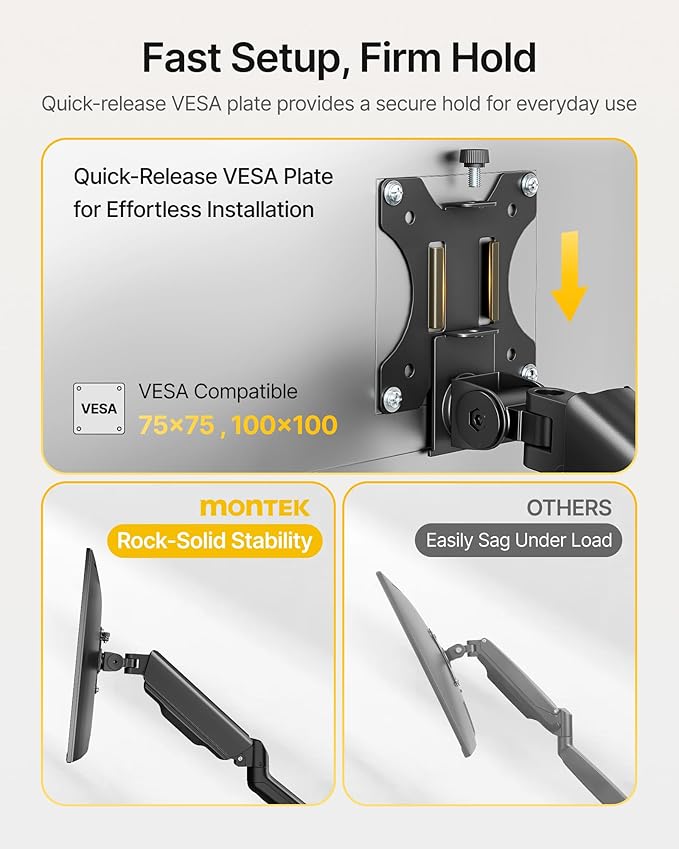 monTEK Heavy Duty Single Monitor Arm with USB/Audio Ports for 17-32” Screens, Premium Mechanical Spring Monitor Arm up to 19.8 lbs, Full Motion Monitor Desk Mount, VESA 75/100 mm, Clamp/Grommet