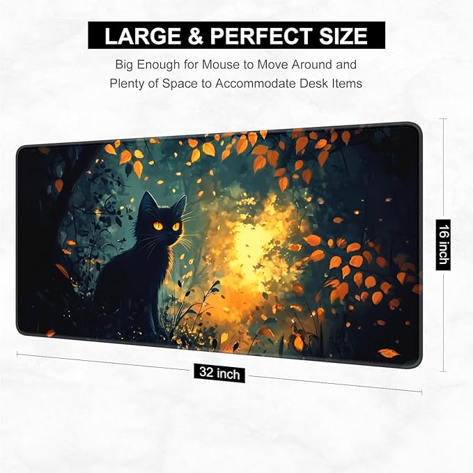 Desk Pad, 32" x 16" XXXL Extended Large Gaming Mouse Pad, Desktop Decor Desk Mat, Men Women Office Supplies and Accessories, Cute Anime Mouse Mat for Laptop & Keyboard, Dark Cat