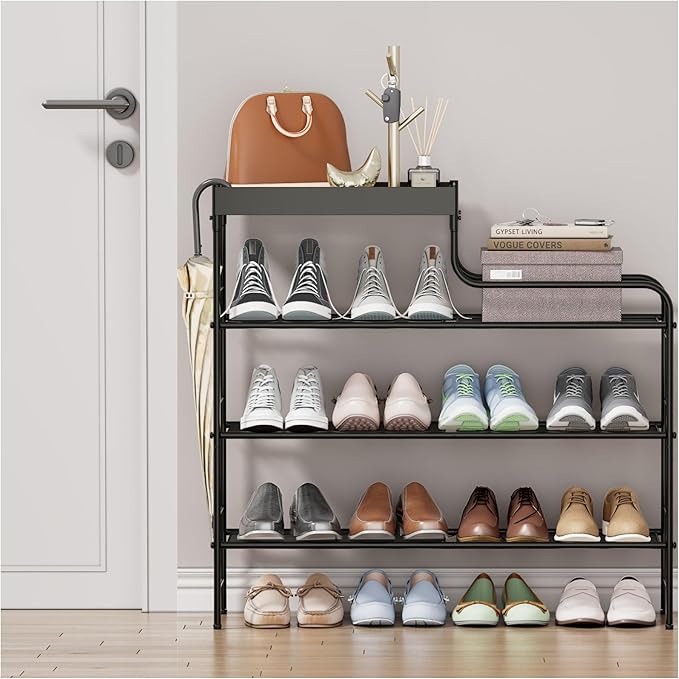 4 Tier Free Standing Shoe Racks with Storage Box, Metal Shoe Organizer for Closet with Sturdy Wire Grid, Large Capacity Shoe Rack Organizer for Entryway Corridor Living Room Balcony Bedroom, Black