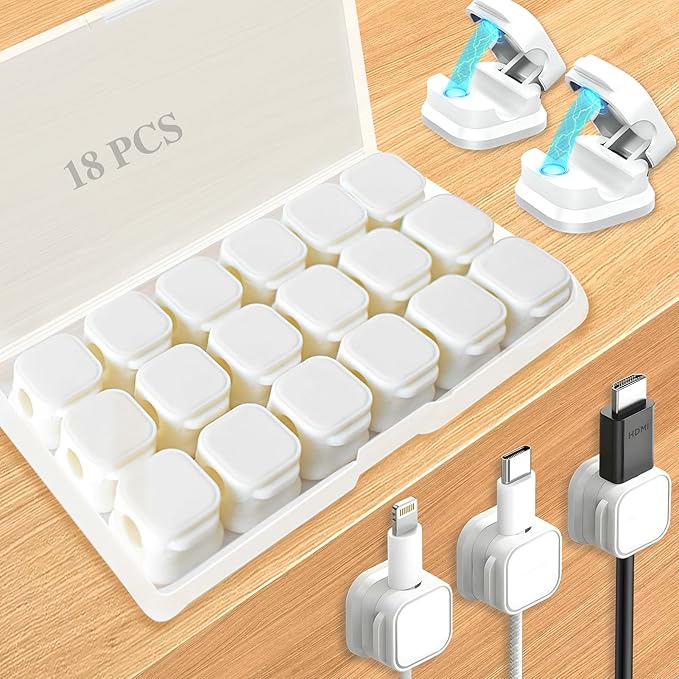 18 Pack Cord Organizer Holder, Magnetic Cable Clips Management, Easy Adhesive Phone Charging Cable Keeper, Hide Or Organize Desk Cable for Kitchen, Office, Car, Nightstand（White）